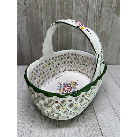 Vtg Holu Painted Lattice Basket Oval Ceramic with Braid Handle Portugal 7" Tall - Picture 1 of 10